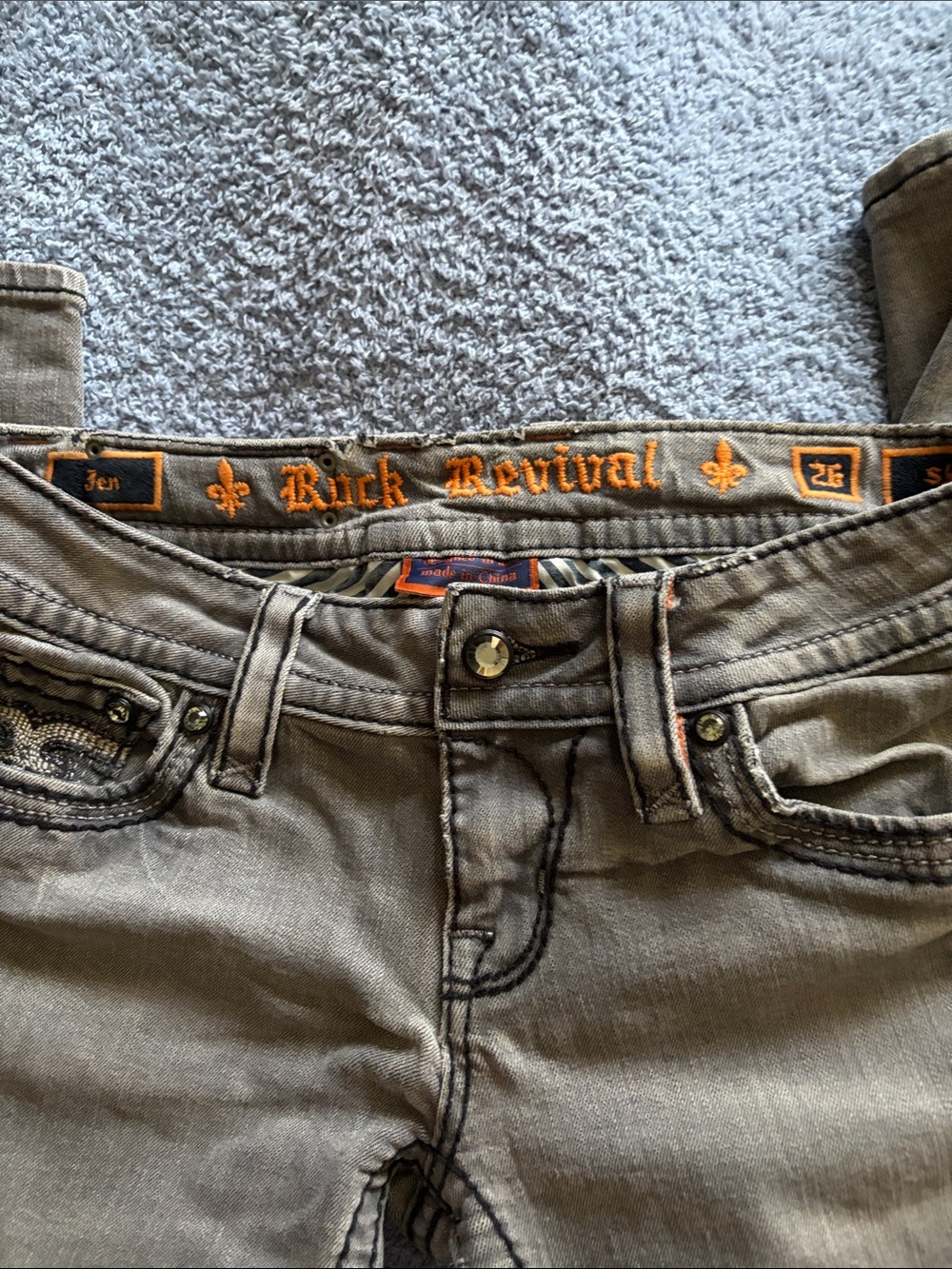 Rock Revival Gray Jeans with Orange Logo Trim